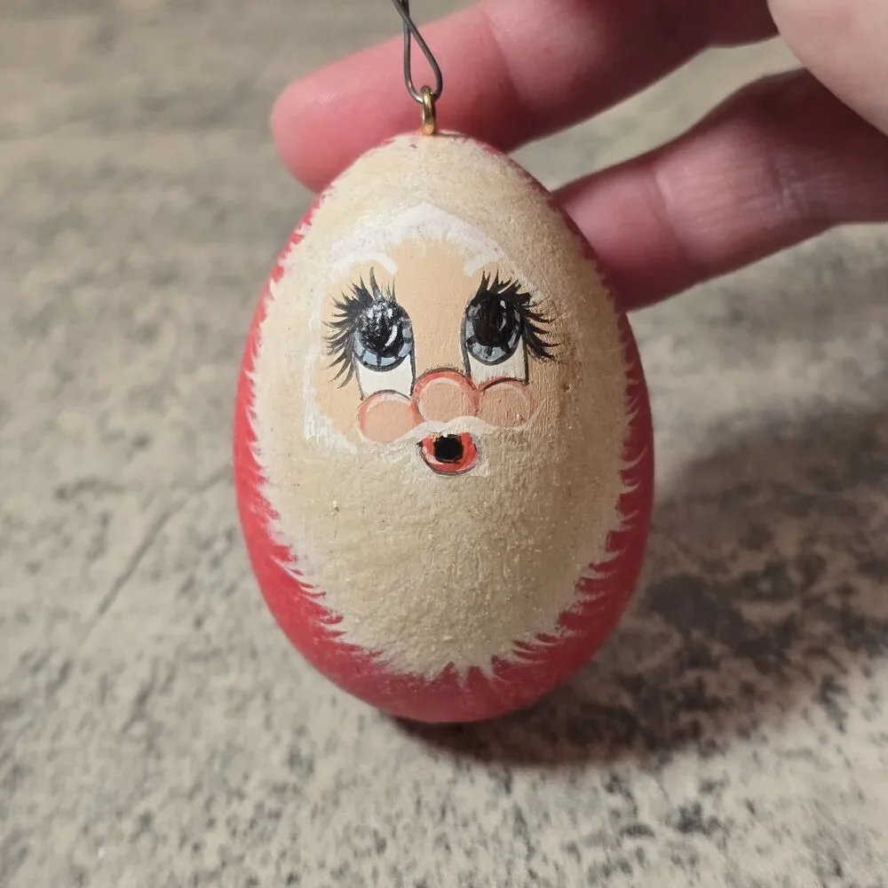 Vintage Wood Wooden Hand Painted Santa Egg Mark Bald Santa Ornament Signed